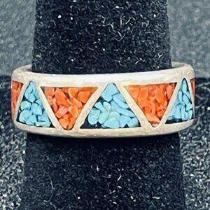 Carolyn Pollack Relios ring Silver 925 Navajo SW CORAL & TURQUOISE S 5.5 << 6